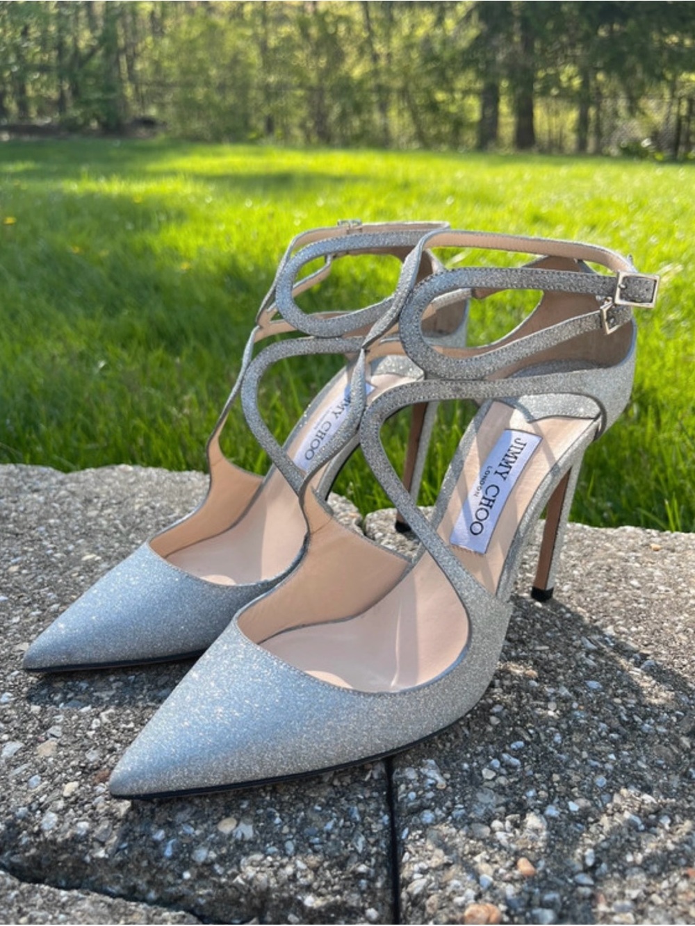 Jimmy Choo Silver Glitter Strappy Pointed-Toe Heels